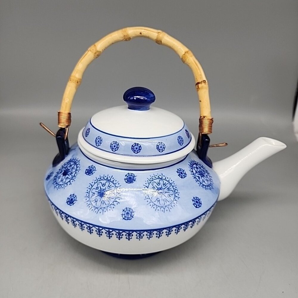 World Market Teapot Blue White w/ Bamboo handle Porcelain World Market